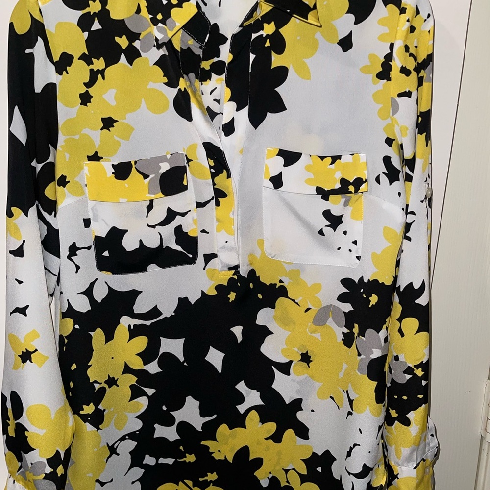 New York & Company Floral Blouse - Black, Yellow, White